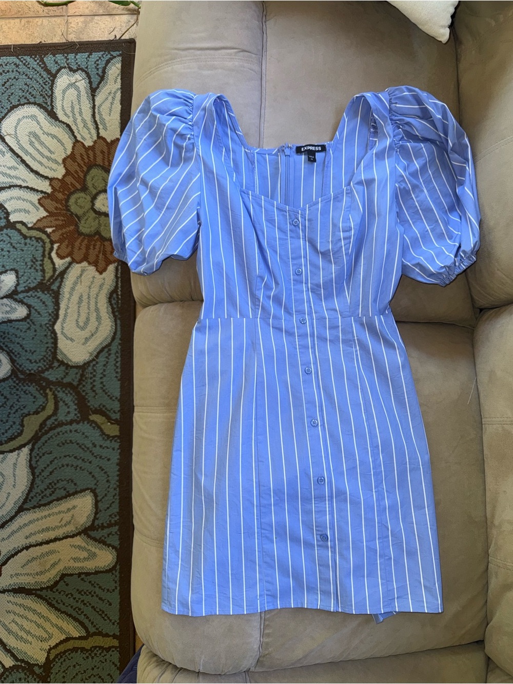 Express Light Blue + White Striped Puff Sleeve Mini Dress
